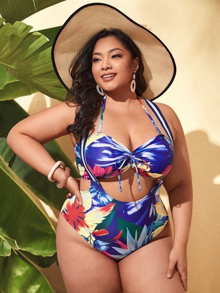 

plus tropical print tie bust bikini swimsuit o2c9#, Black