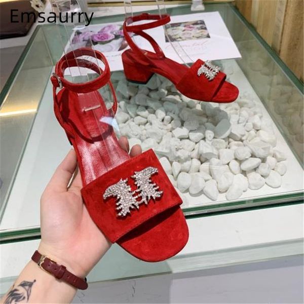 

suede ankle strap runway sandals women crystal rhinestone buckle decor med heel open toe summer shoes woman, Black