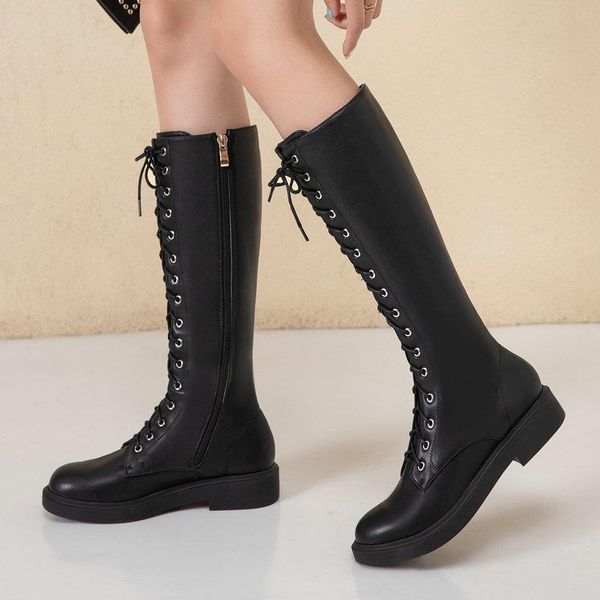 

boots 2021 women fashion lace up motorcycle soft pu low heel knee high autumn wintre zipper long ladies shoes, Black