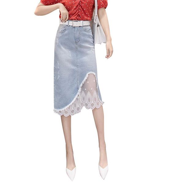 

skirts lace denim woman empire waist summer patchwork straight knee-length female casual, Black