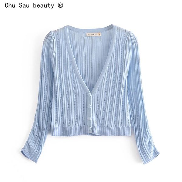 

women's knits & tees 2021 summer blue v-neck single-breasted long sleeve knit striped cardigan solid color women casual fashion, White