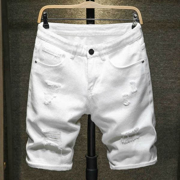 

summer white black men denim shorts slim large size casual knee length short hole jeans for bermuda 210714