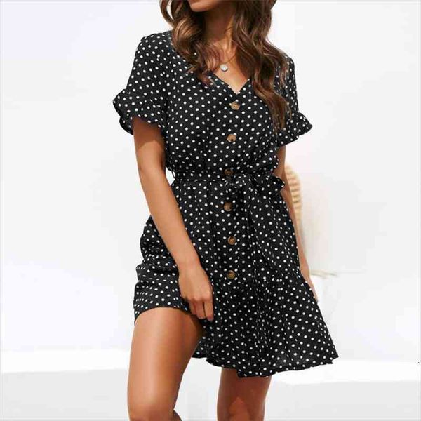 

women summer beach chiffon dress casual short sleeve polka dot boho mini party dress elegant v neck sundress vestidos, Black;gray