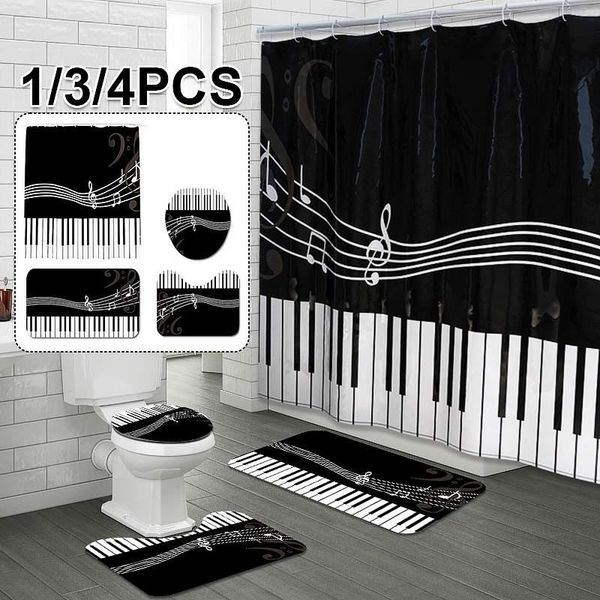 

shower curtains 1/3/4pcs piano keyboard bathroom set heart pattern waterproof curtain toilet cover mat non slip rug home floor decor