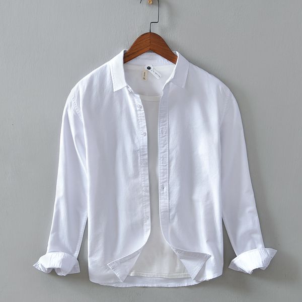 

2021 new style oxford pure cotton long-sleeved casual shirts for men solid all-match shirt mens chemise camisa 6 color m3bj, White