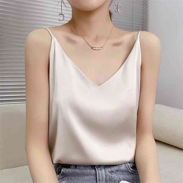 

summer shiny v neck women satin silk harajuku t shirt sleeveless fashion 100%real silk woman tee casual female luxury 210625, White