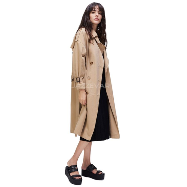 

women's trench coats loose lengthened leisure style double breasted cotton long windbreaker autumn coat, Tan;black