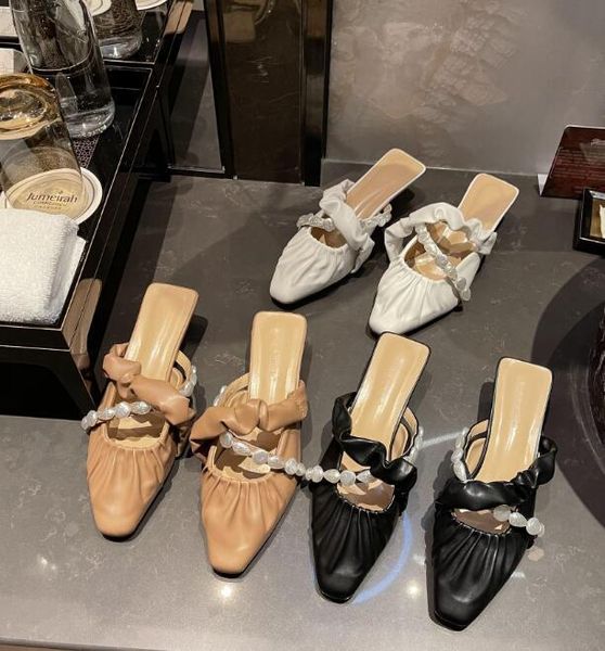 

slippers med women summer shoes string bead female mule slides fashion cover toe shallow flat mules luxury rubber fabric scandal, Black