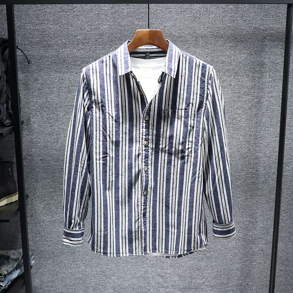 

2021 new autumn fashion handsome long sleeve versatile loose casual shirt striped men's japanese style youth shirts 0521 pfxs, White;black