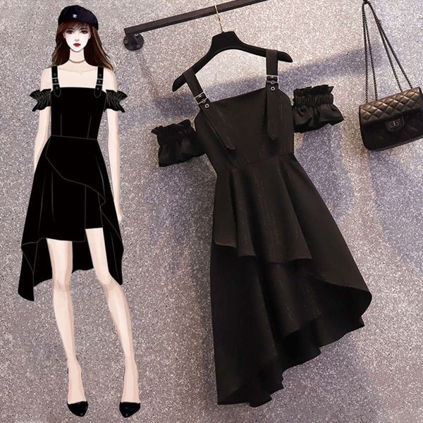 

2021 large women's spring summer fat mm design sling dress shows thin french hepburn a-line small black skirt, Black;gray