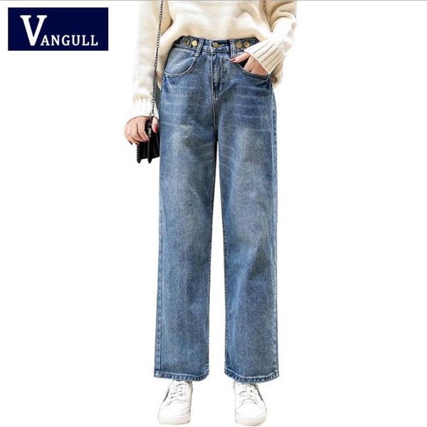 

women's jeans vangull 2021 spring fashion clothing solid han edition loose women high waist zipper wide leg pants denim trousers, Blue