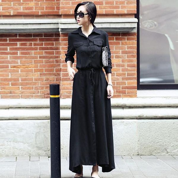 

casual dresses women cotton linen long sleeve maxi dress spring autumn fashion collar single-breasted shirt, Black;gray