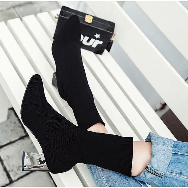 

boots sock women stretch knitted high heels autumn female shoes nice pointed toe vogue ladies mid-calf plus size 34-43, Black