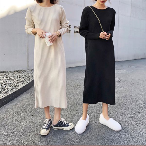 

2021 New Women's autumn and winter mid-length knitted dress long-sleeved hooded half-high collar sweater YGBO, White;black