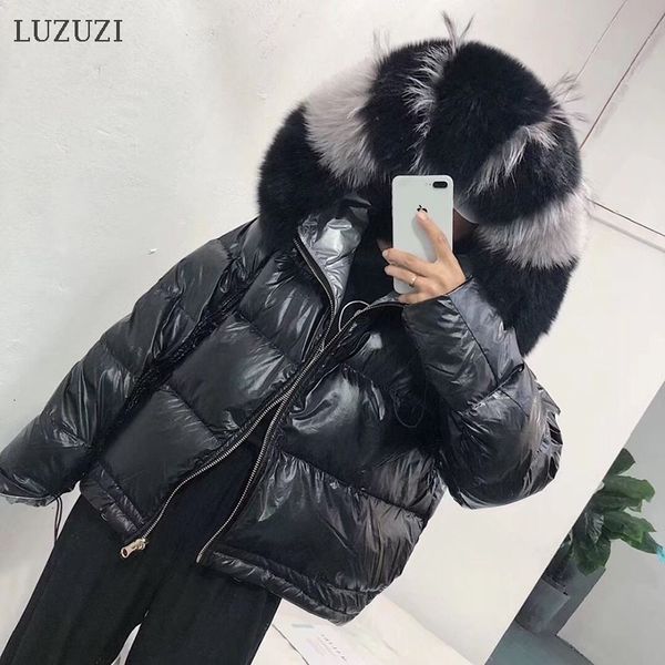 

2021 new natural fox collar real fur winter women loose short coat white duck down jacket thick warm kyfd, Black