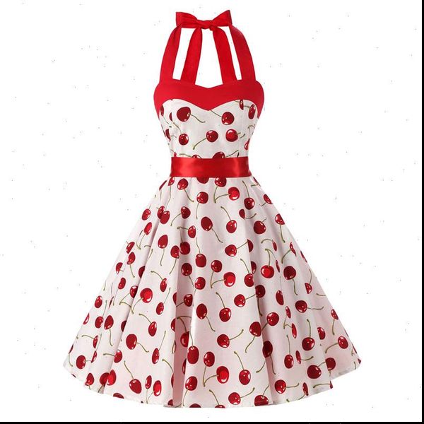 

women red cherry party dress vintage 50s rockabilly hepburn dress 2021 elegant summer strapless swing retro halter pin dress, Black;gray