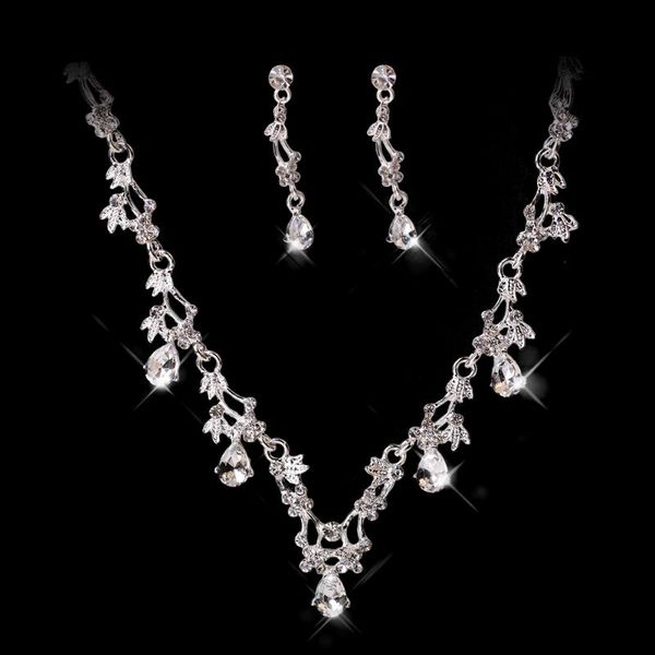 

earrings & necklace wedding bridal jewelry sets for women pendant earring and clear crystal jewellery costume acessories, Silver