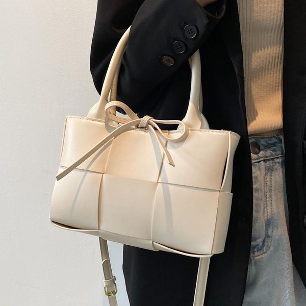 

evening bags beige woven tote for women quality small pu leather shoulder plaid weave crossbody bag ladies handle messenger