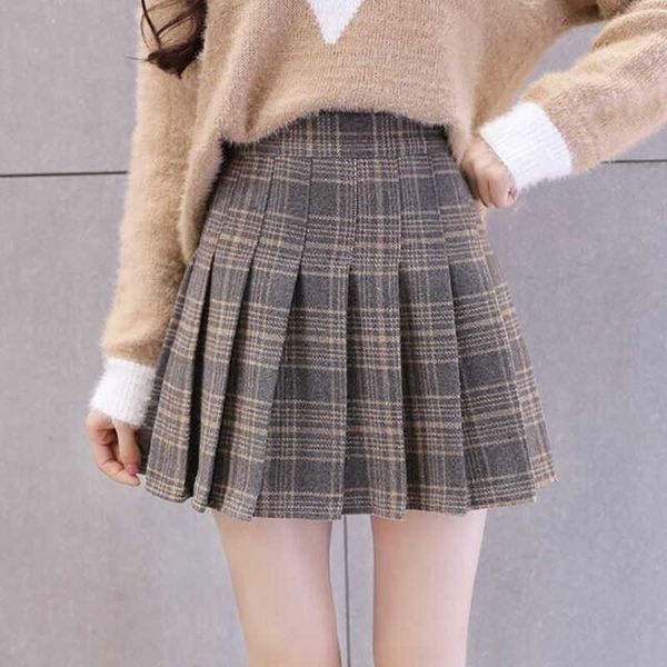 

autumn women korean plaid skirt lattice high waist slim fashion woolen thicker preppy mini skirts w09 210526, Black