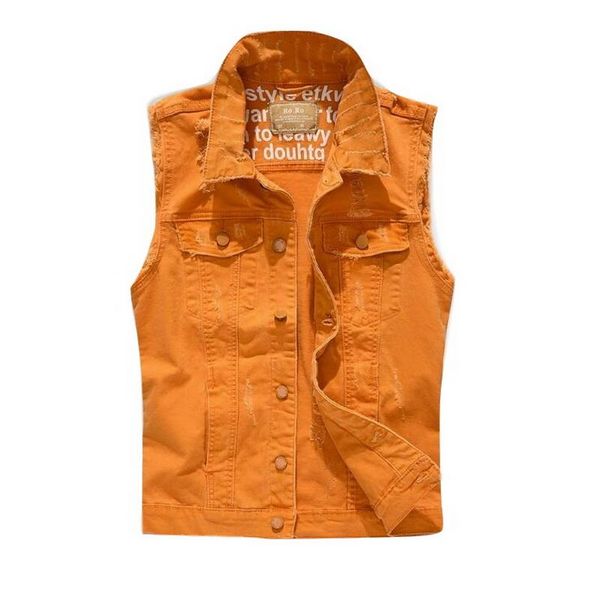 Gilet da uomo Fancy Orange Color Slim Fit Strappato Giacca di jeans elasticizzata Frange Senza maniche Fori Gilet invecchiato Gilet casual