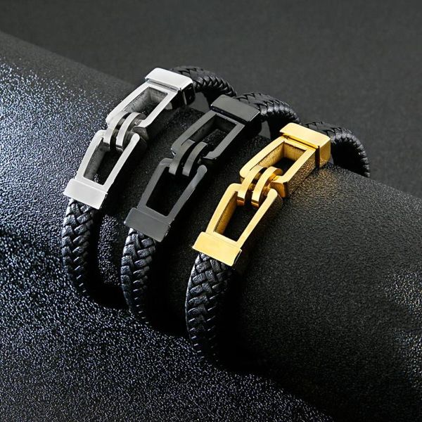 

tennis jewels store rectangular lock men's stainless steel bracelet fashion leather bracelets jewelry party gift for man, Golden;silver