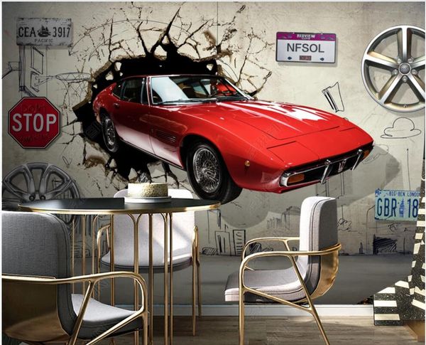 

3d wallpaper custom p mural retro-style red car breaking through the wall living room home decor 3d wall murals wallpaper for walls 3 d