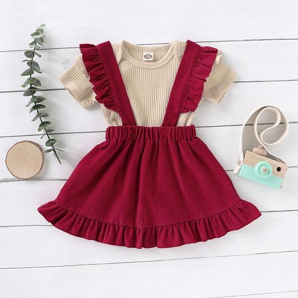 

clothing sets summer clothes for toddler girls solid short ruffles sleeve and red suspender skirt baby girl dress born outfit, White