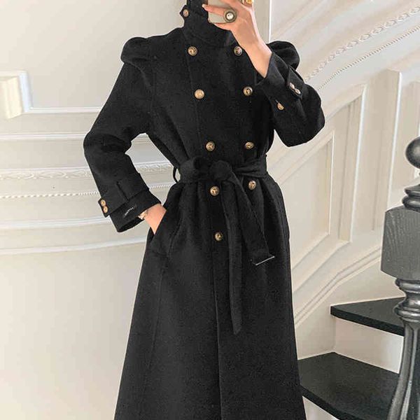 

women's jackets [ewq] korean chic autumn winter lapel double breasted bandage waist over knee long thickened woolen coat female 16e4117, Black;brown