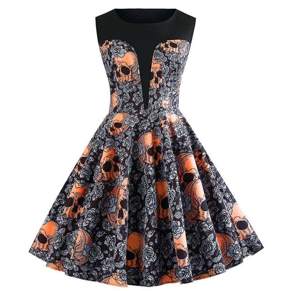 

casual dresses s~3xl halloween dress slim vintage sleeveless elegant midi party christmas robe print summer women femme plus size, Black;gray