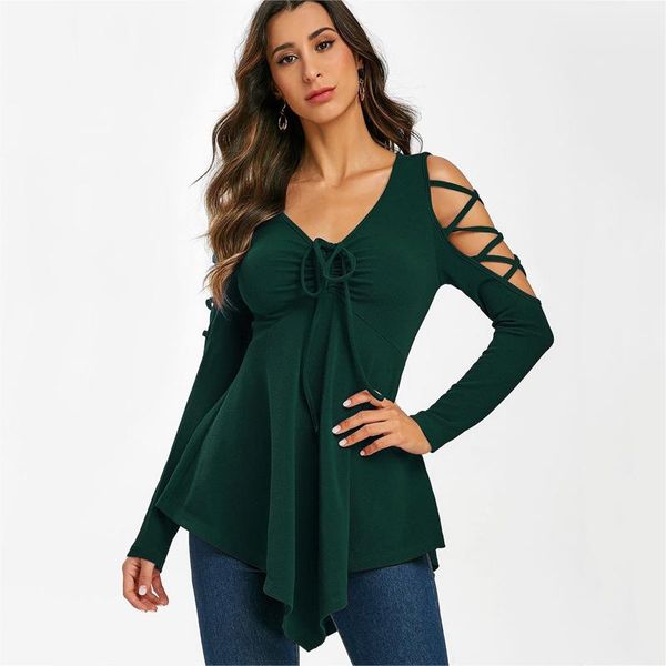 

women's t-shirt autumn and winter solid color long-sleeved hollow v-neck lace-up base shirt women, White