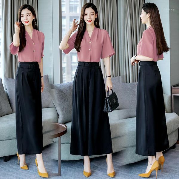 

women's tracksuits 2021 summer women shirt blouse+wide leg trousers sets lady short sleeve 2 pieces elegant fashion suits, Gray
