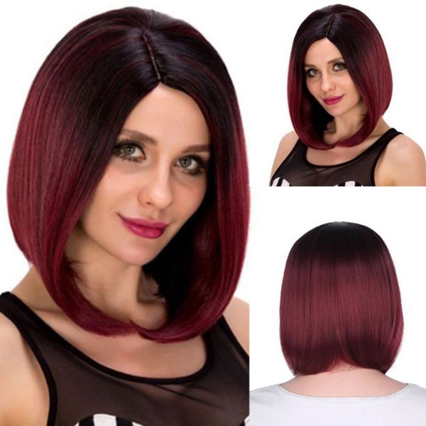 Bordo Sentetik Bob Peruk Simülasyon İnsan Saç Peruk Postiş Pelucas De Cabello Doğal Corto K84A