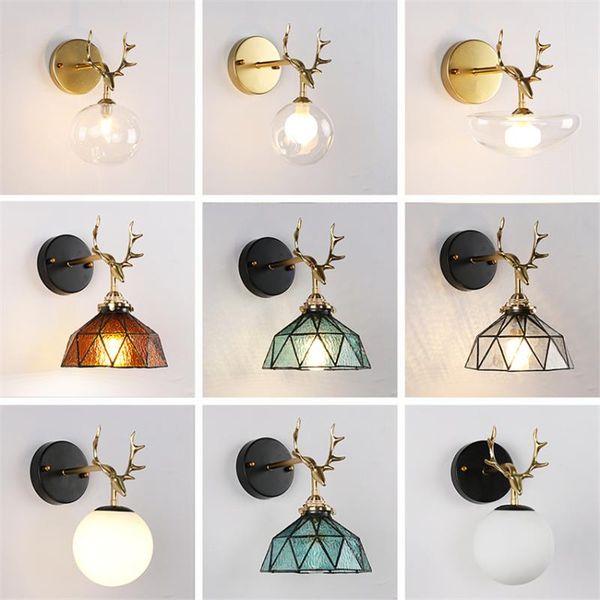 

wall lamp brass antler lamps bedroom nordic deer american retro sconce lights glass lampshade mirror headlights deco fixtures