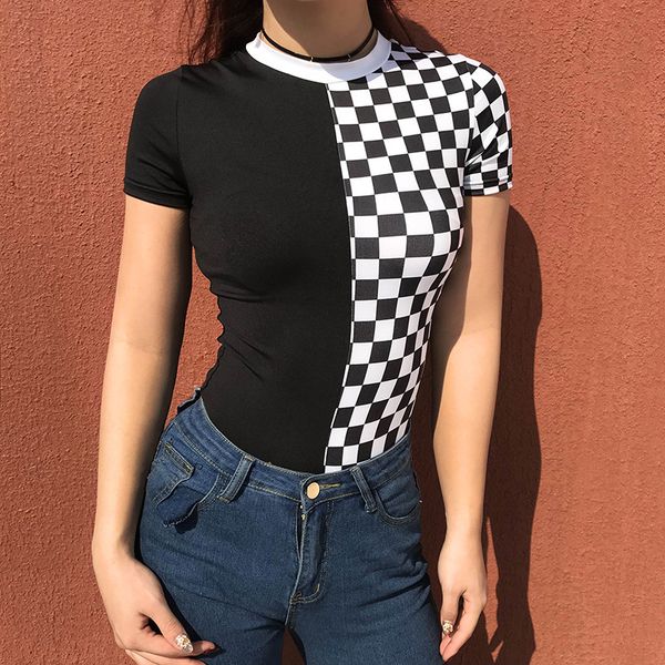 

checkered short sleeve womens bodysuit patchwork black checkerboard bodysuits skinny plaid fashion body suits, White