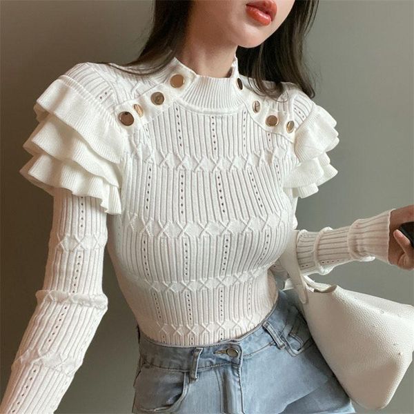 

women's sweaters elegant chic knitted sweater women korean ruffles long sleeve crop fashion office lady slim pullover knitwear, White;black