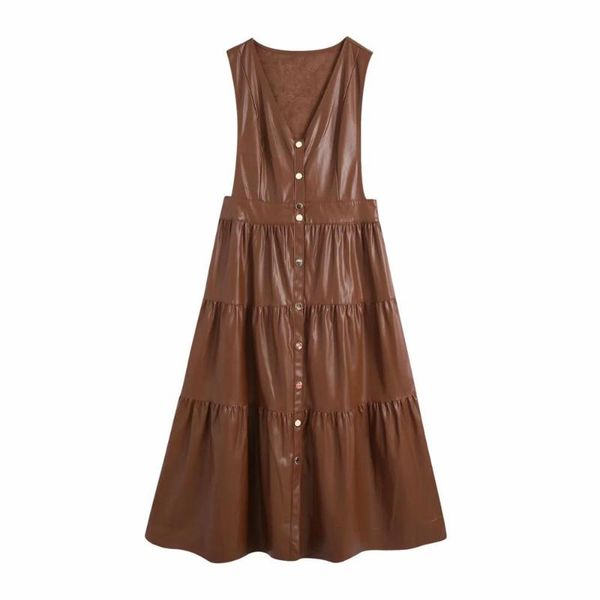 

casual dresses zxqj autumn winter women pu ruffled sleeveless v-neck metal snap buttons midi long dress for, Black;gray