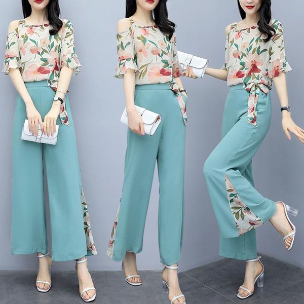 

two piece dress fashion off shoulder chiffon + cropped pants wide leg suit set, White