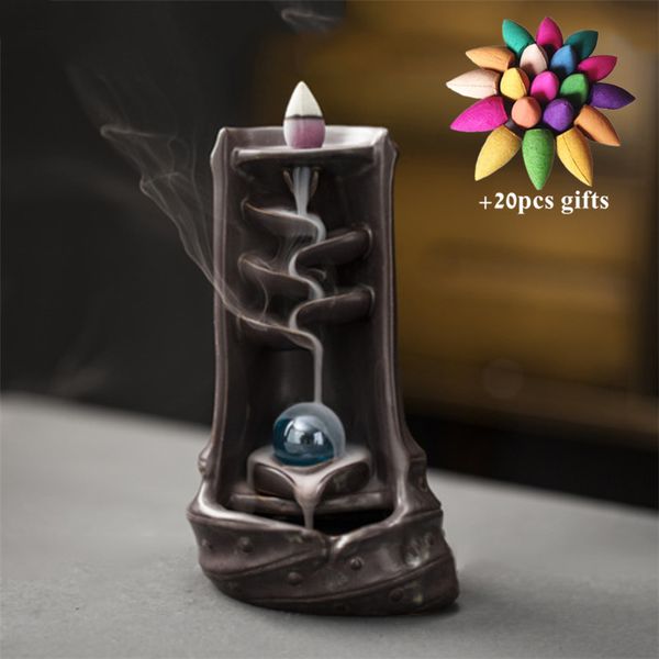 

ceramic smoke backflow incense burner aromatherapy waterfall censer incense holder with crystal ball home decor + 20pcs cones