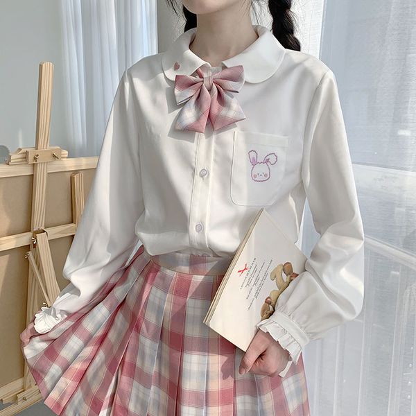

new japan 2021 kawaii chiffon white female blouse fall long sleeve rabbit embroidered lolita shirts style s school clothes 308t