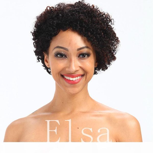 

lace wigs celeb afro kinky curl glueless cap 8 inch natural indian remy human hair regular affordable machine made short wig, Black;brown