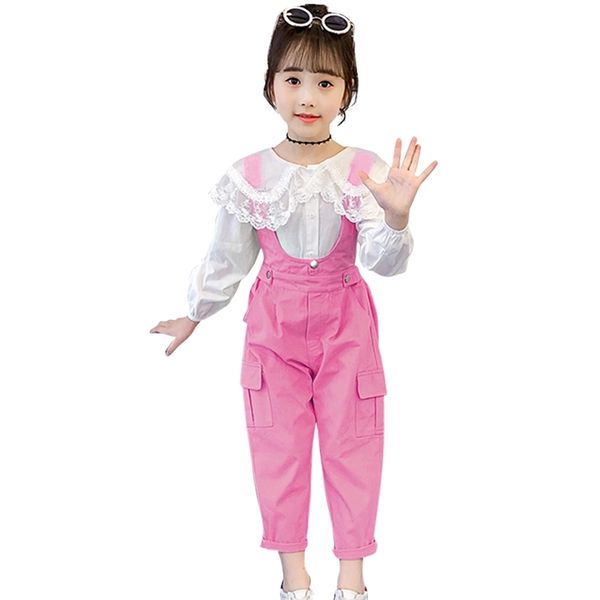 

teen girls clothing lace flower clothes blouse + jumpsuit set casual style children's school 210528, White