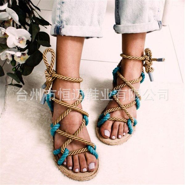 

sandals women 2021 contracted rome stagger rope casuals gladiator cross tied shoes, Black
