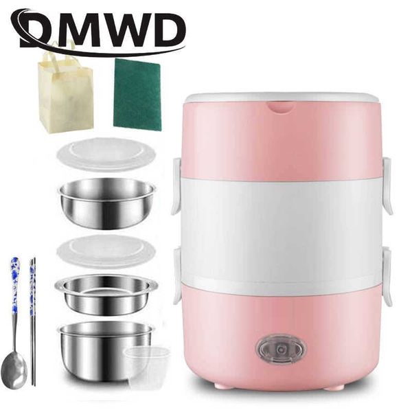 DMWD Mini fornello di riso elettrico in acciaio inossidabile 2/3 strati Steamer Pasto portatile riscaldamento termico Lunch Box Contenitore per alimenti Scaldavivande 210709