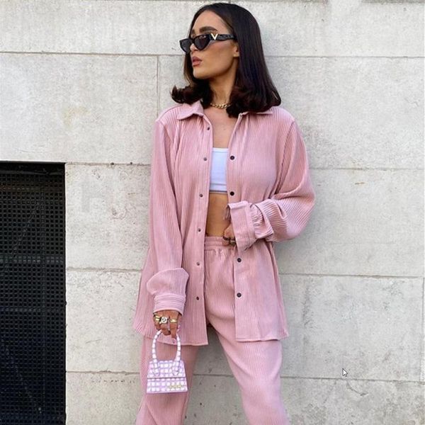 

women's two piece pants kalenmos casual solid color pant sets lapel single-breasted long-sleeved shirt pit strip loose elastic waist wi, White