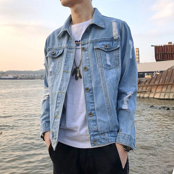 

men's jackets blue long sleeve denim male handsome korean turn-down collar clothes for loose spring autumn hole veste homme h687, Black;brown
