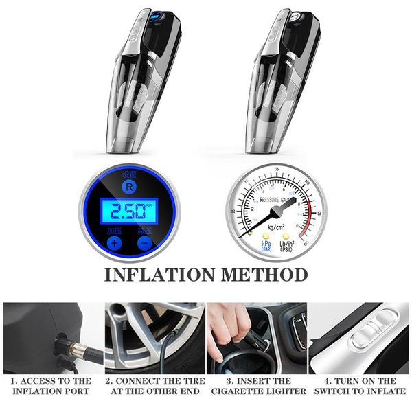 

vacuum cleaner 4 in 1 car handheld with digital tire inflator pump pressure gauge led light for home auto