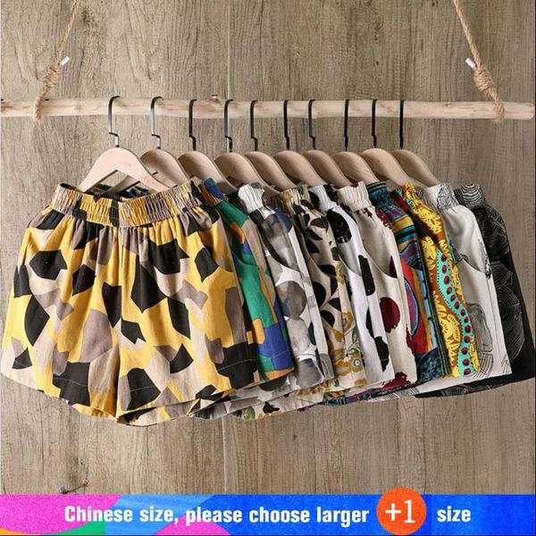 

summer cotton linen shorts women trousers plus size feminino womens shorts elastic high wasit home loose casual print shorts, White;black
