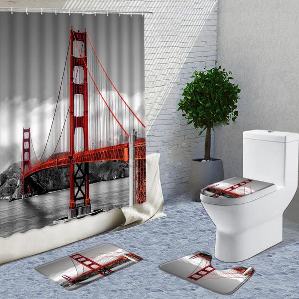 

shower curtains retro nostalgic red holden hate bridge fabric hooks 4pcs sets bath mats rugs toilet cover lid mat cushion carpet
