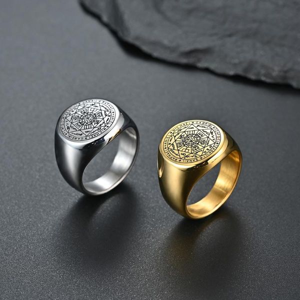 

cluster rings the key of solomon stainless steel seven archangels ring amulet male jewelry, Golden;silver