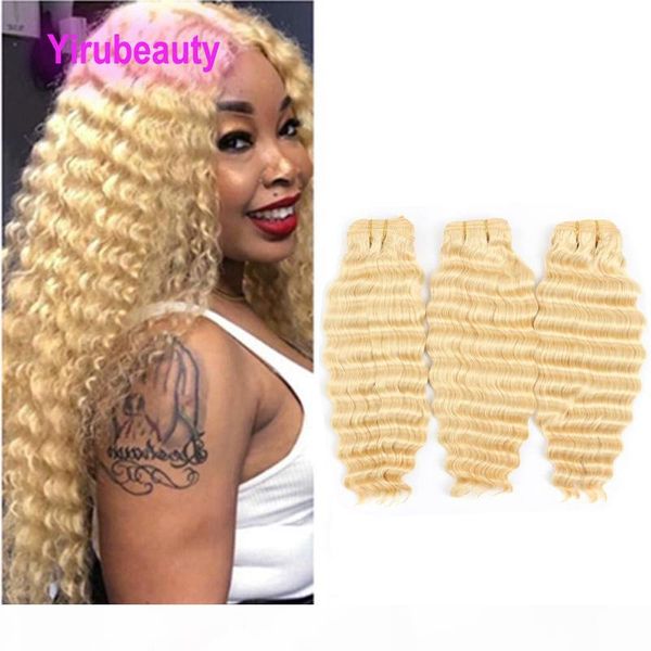 

peruvian virgin hair 613# color blonde deep wave 3 bundles human hair extensions deep curly 613# double wefts 95-100g piece, Black